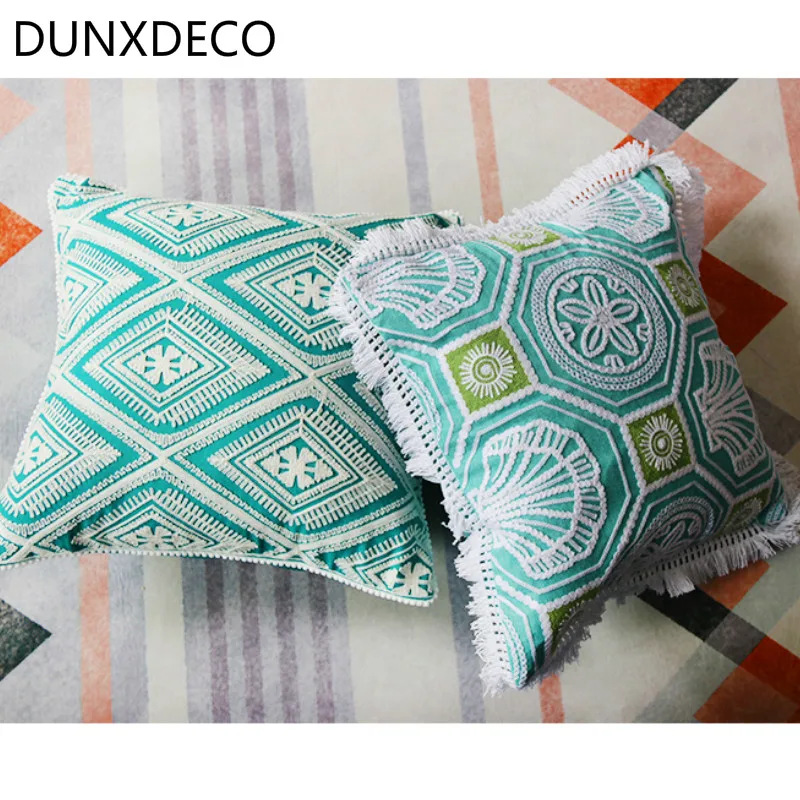 DUNXDECO наволочка для подушки, декоративный чехол для подушки, Средиземноморский Морской Зеленый Синий геометрический узор, кисточки, современный домашний диван