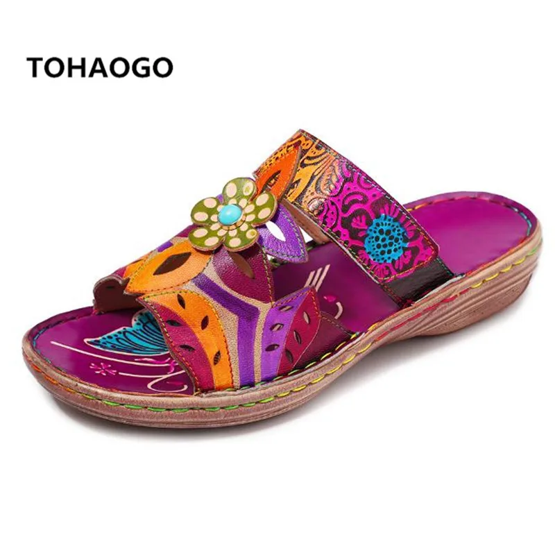 

Handmade leather large size 41 42 casual slippers female Summer new flower flat with women's shoes Roman sandals Flip Flops