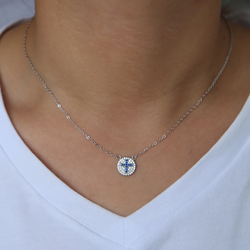

2018 new arrived 100% 925 sterling silver micro pave cz disco round pendant evil eye necklace tiny siple blue cross necklace