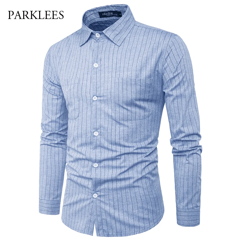 Striped Men Shirt 2017 Brand Long Sleeve Shirt Men Double Pocket