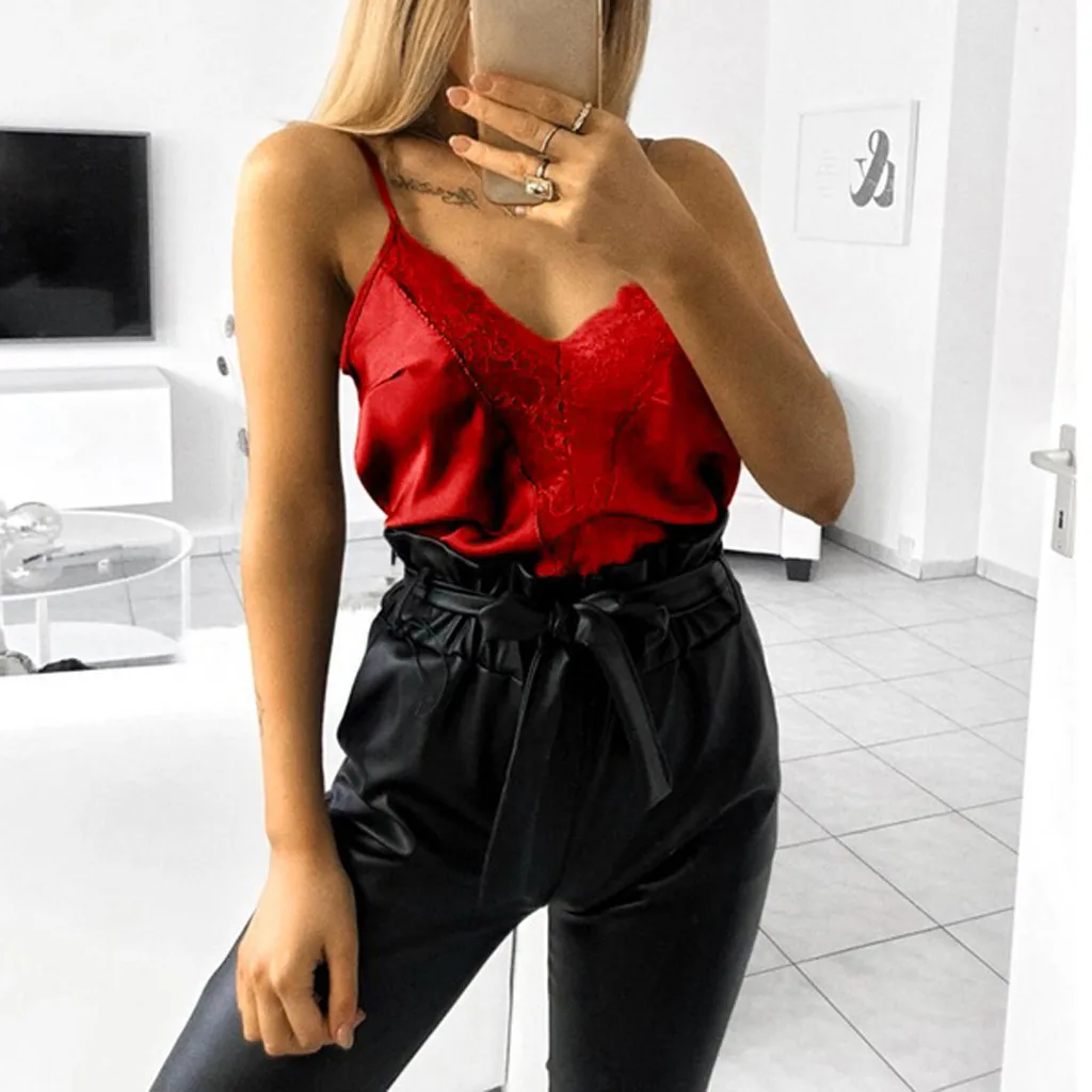 

lace deep V Neck top Women's sexy camis Lace Patchwork Sleeveless females Tops solid summer casual fashion 2019 femme #G7