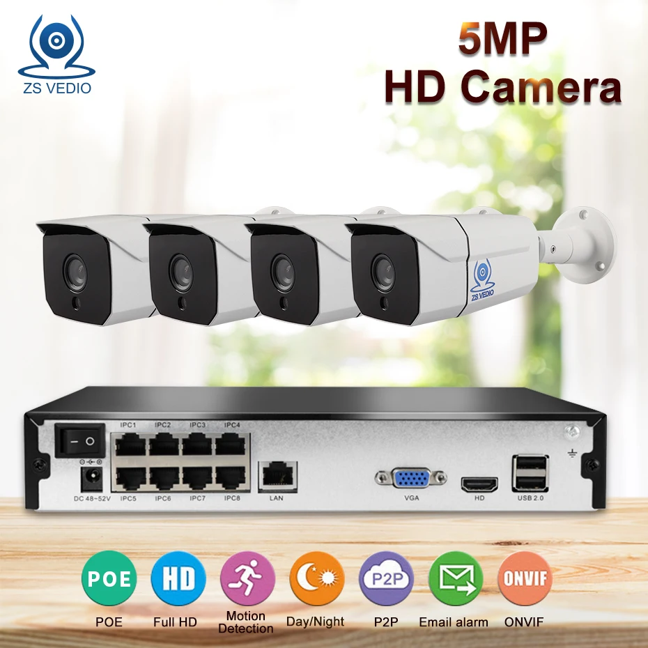 

ZSVEDIO Wire CCTV System 1TB/ 2TB HDD 5MP 8CH NVR IP IR-CUT Outdoor CCTV 4CH Camera IP Security System Video Surveillance Kit