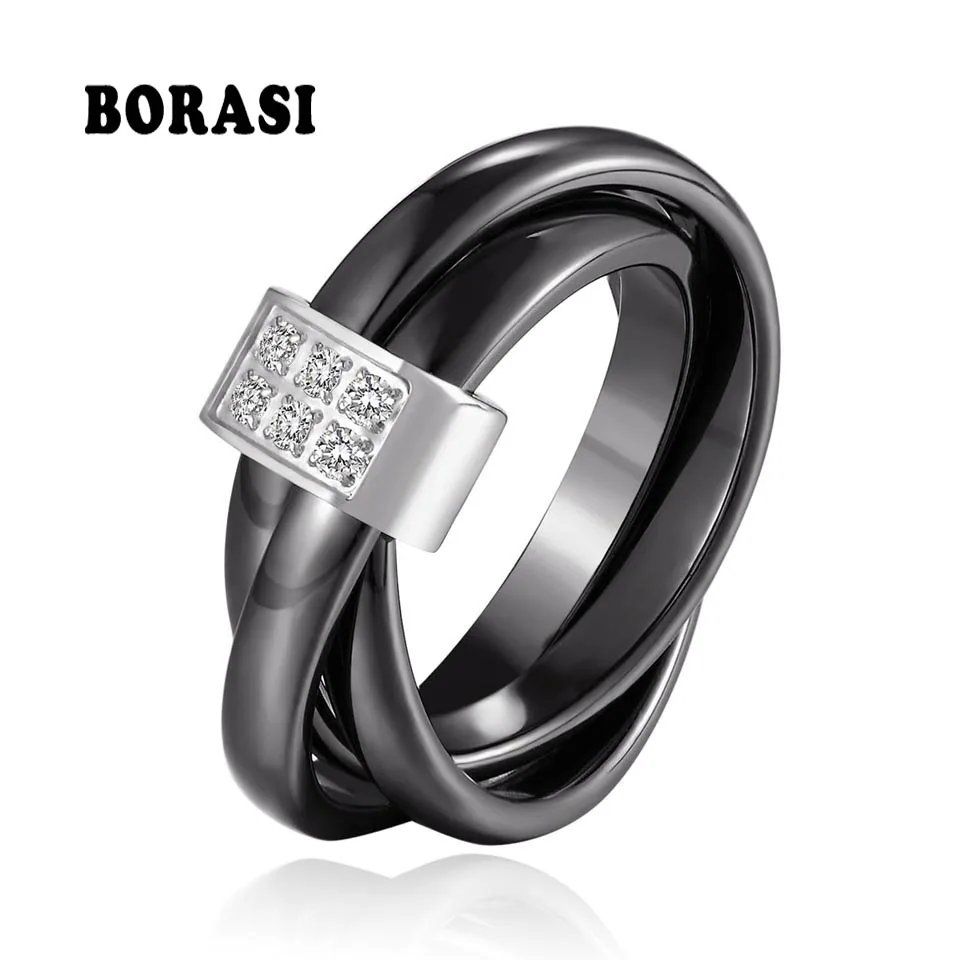 

Romantic Pink Ceramic Ring 3 Round Circle With Bling Crystal Rhinestone Smooth Healthy Material For Women Girl Lovely Party Gift
