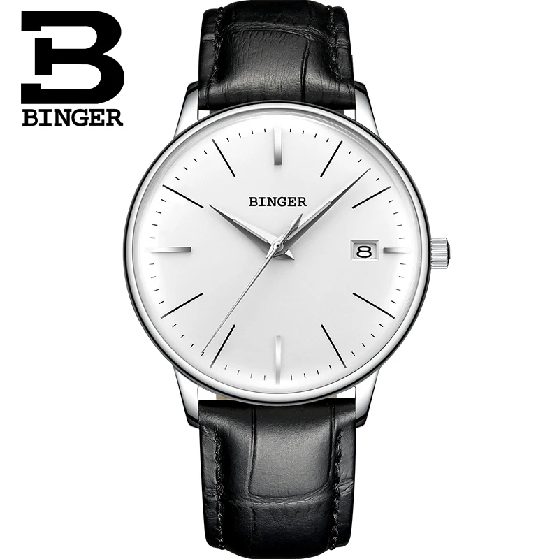Автоматические механические часы Бингер relogio masculino, повседневные деловые наручные часы с кожаным ремешком и календарем B-5078