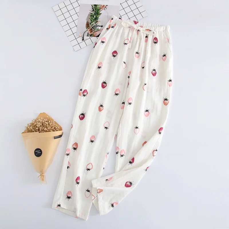 Женские штаны для сна,, марля, хлопок, цветочный принт, сетка, полоса ...