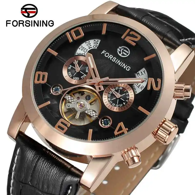 

FORSINING Royal Men Auto Menchanical Watches Calendar Date Tourbillon Multifunction Wrist Watch Rose Golden Bezel Leather Strap