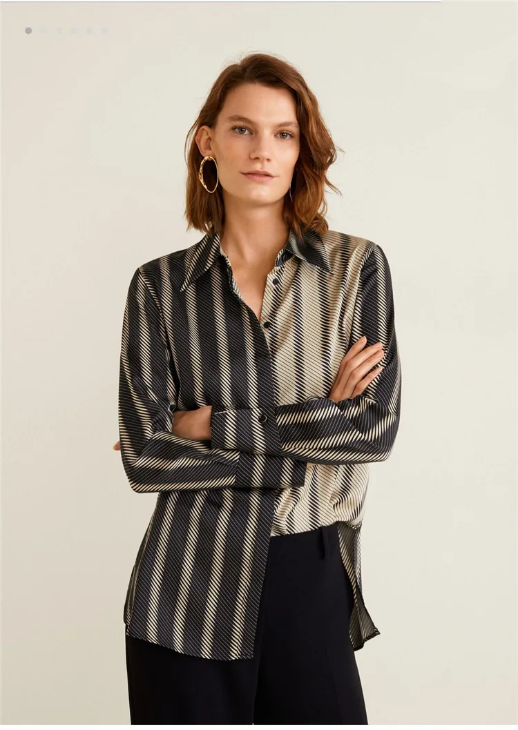 

2019 New Seiko High-detailed Commuter Color Temperament Striped Silk Shirt Women Shirt