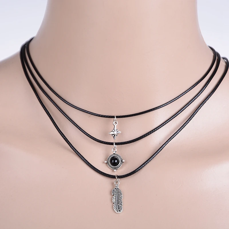 Conjunto de de cuerda negra para mujer, collares de aleación con colgante de cruzada, conjunto de Collar, 3 uds.|Collares colgantes| - AliExpress