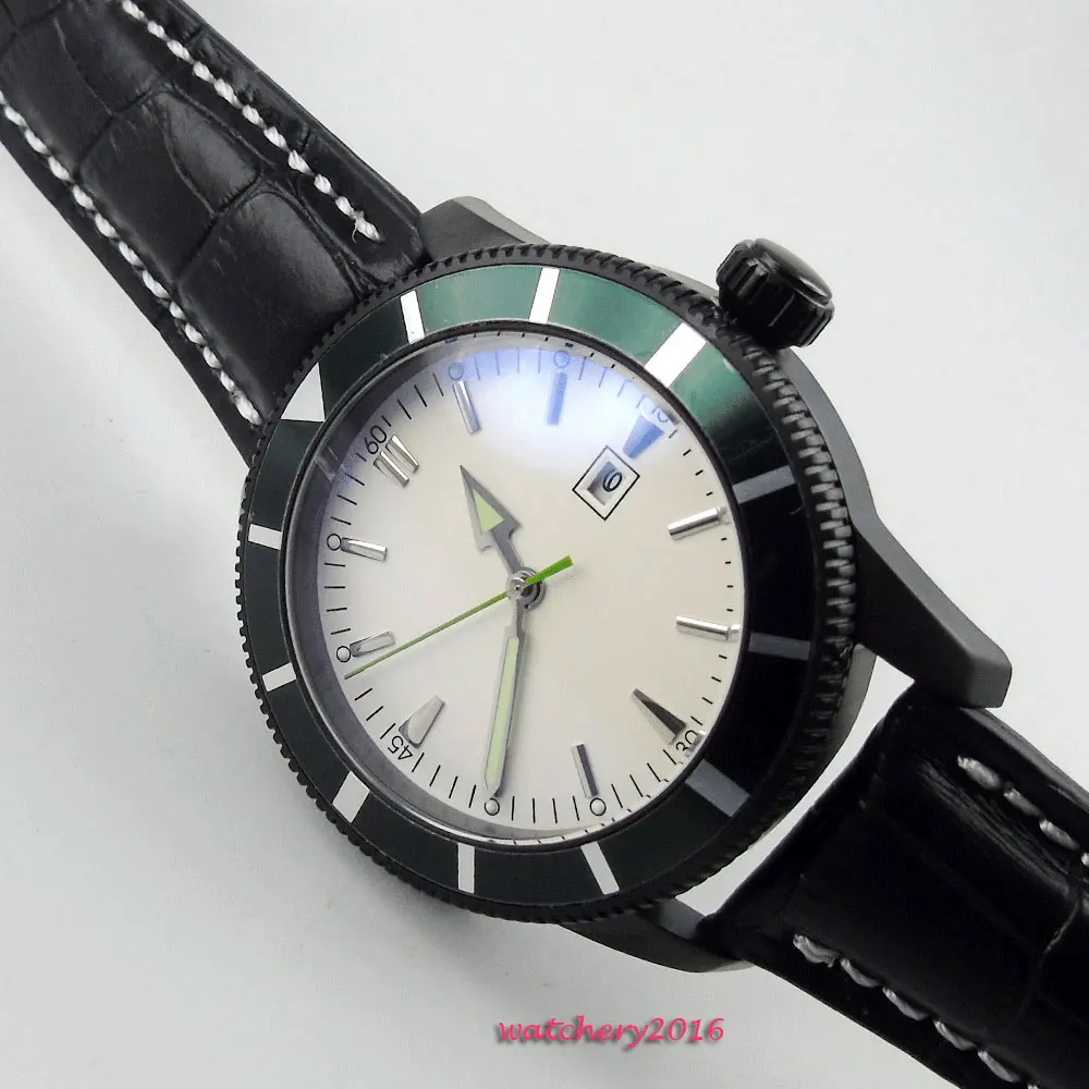 

NEW 46mm Bliger White dial pvd Green Rotating Bezel Leather strap Date Luxury Brand PVD Case Automatic mechanical men's Watch