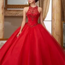 Темно-синее красное платье Quinceanera с высоким воротом с бисером платье для балла маскарада сладкий 16 платье Vestidos De 15 Anos
