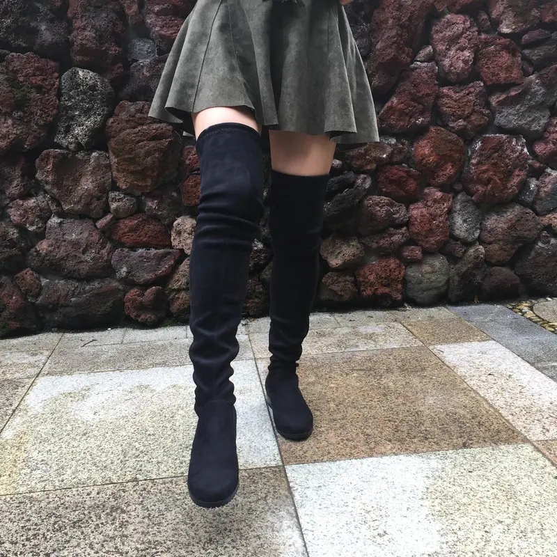 Women Faux Suede Thigh High Boots Flat Comfort Sexy Slouchy Over the Knee Boots 2016 Black Gray Wine Red Nude Mud