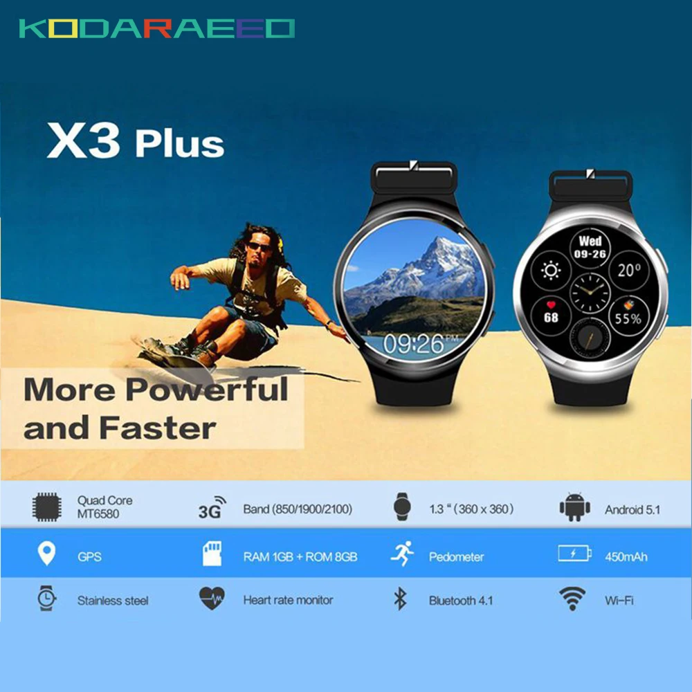 

X3 Plus Smart Watch android 5.1 K9 PK KW88 DM368 MTK6580 1GB+8GB Quad Core Smartwatch phone Heart Rate tracker for iOS Android