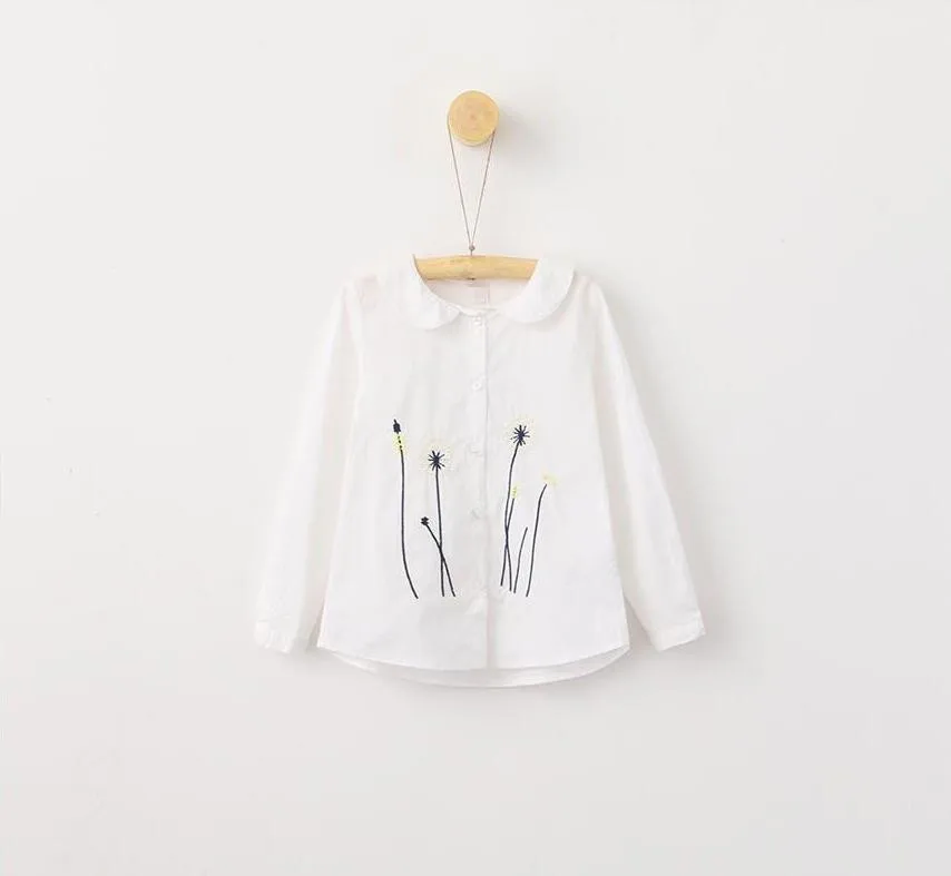 

Spring autumn girls shirt for girl's blouse white embroidery flower peter pan collar long Sleeve kids clothes high quality