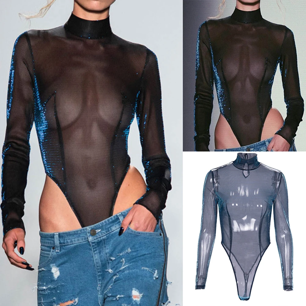 

1Pc Sexy Transparent Mesh Skinny Bodysuit New Fashion Long Sleeve Slim Solid Jumpsuit Hand Washable Black Overalls For Women