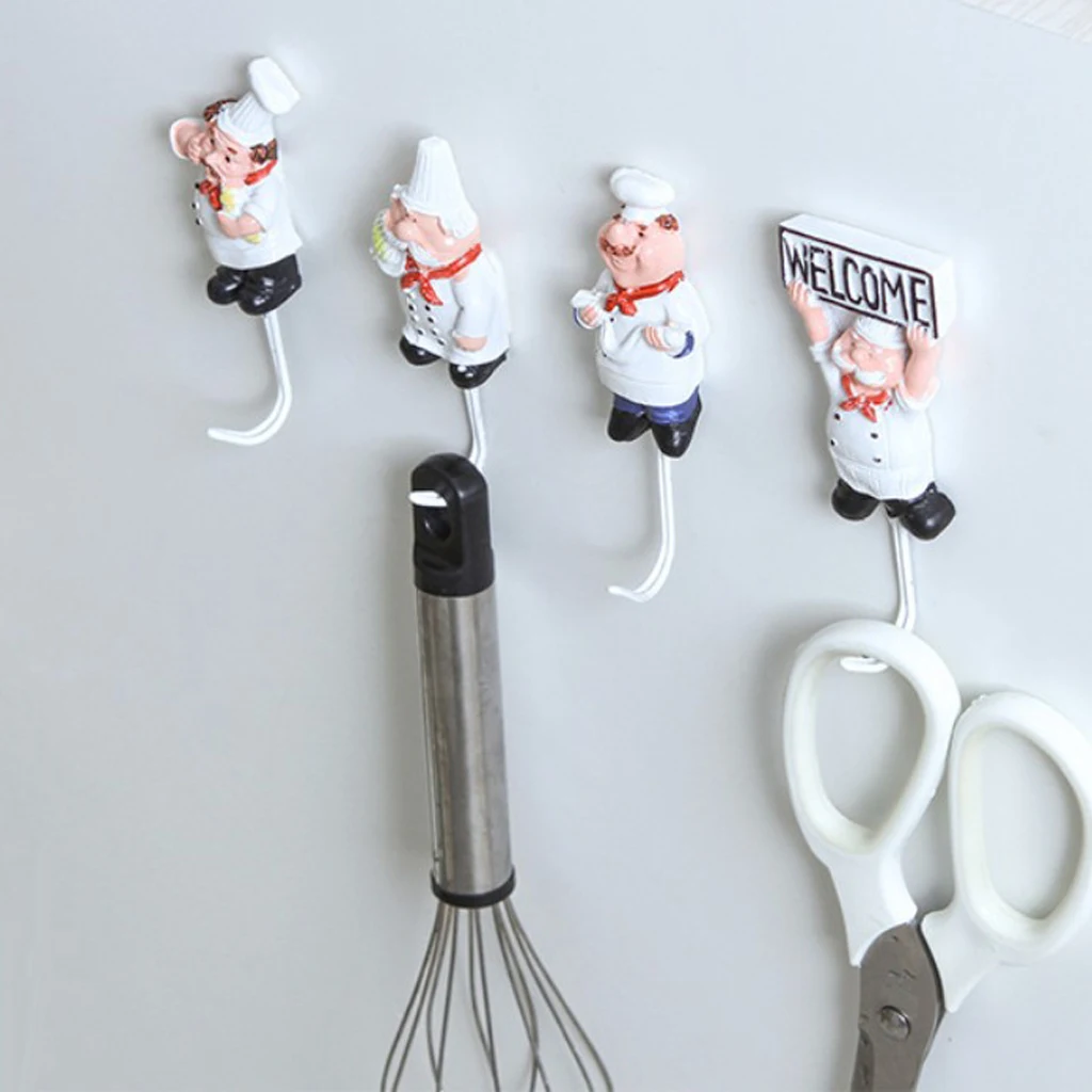 Cartoon Chef Style Resin Self-adhesive Wall Hooks For Kitchen Tools Hanging Clothes Coat Hat Towel Accessories