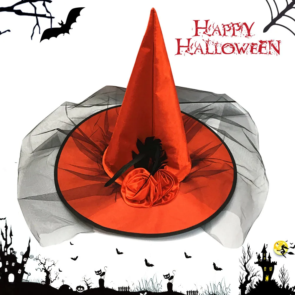 

Halloween Witch Hat Costume Party Rose Mesh Decoration Witch Hat Cospaly Costumes Prop KM88