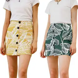 Желтый Повседневное Листья печати Button Front Skirt 2018 новый летний Для женщин юбка карман линия оболочка женские юбки