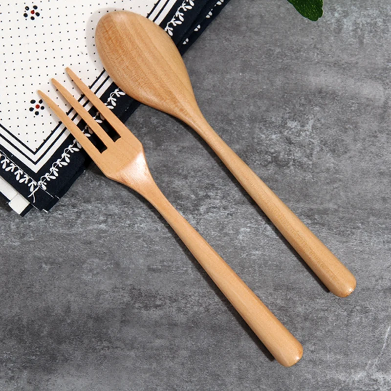 2 Pcs Wood Spoon Fork Cutlery Set Wooden Dinnerware Set Catering Fork Spoon Dinner Table Fork Dessert Soup Spoon Wood Utensils (5)