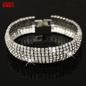 

AINAMEI Luxury Crystal Bracelets For Women Gold Bridal Wedding Round Link Bracelet Bangle Fashion Rhinestone Jewelry