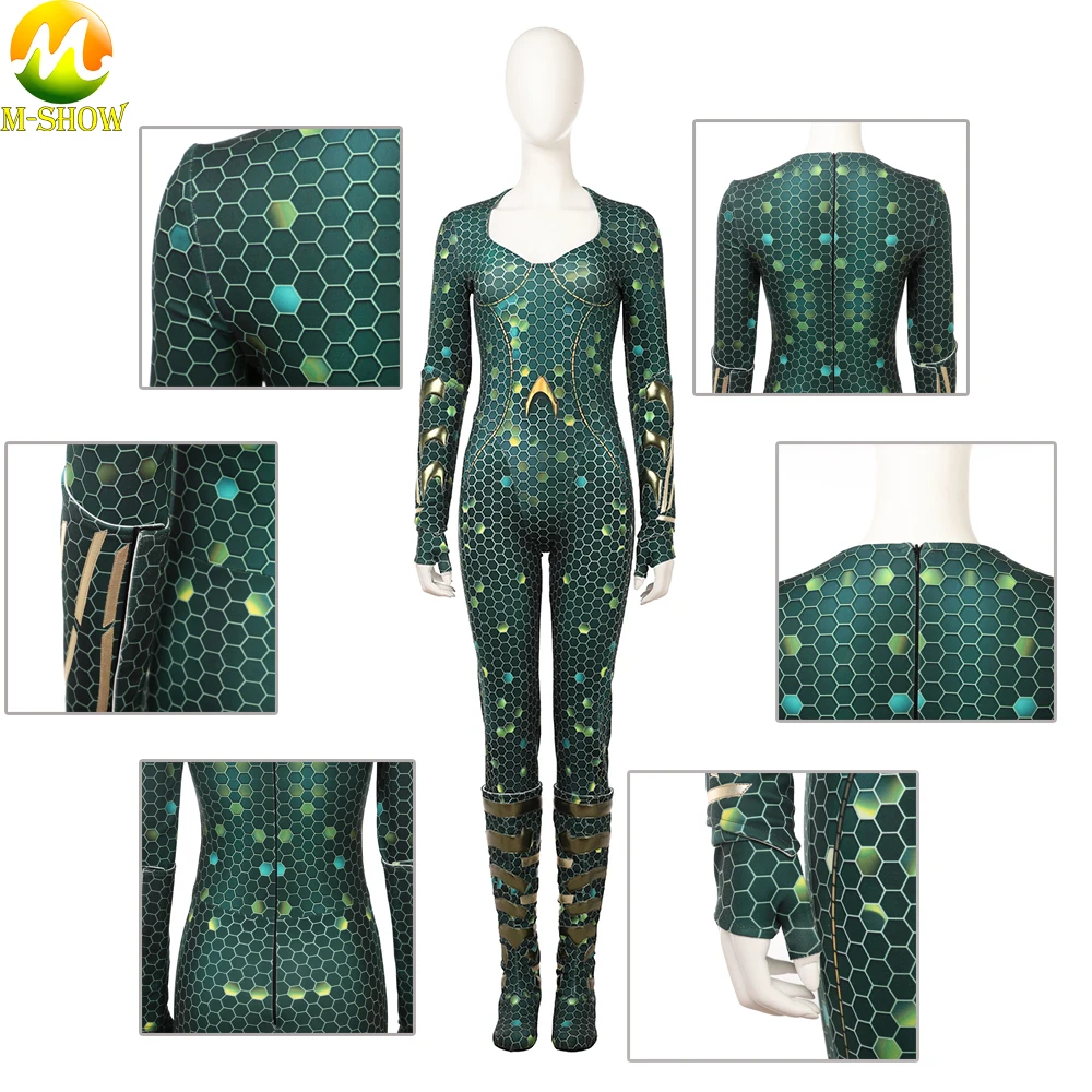 Movie Aquaman Mera Cosplay Costume Bright Green Pearly Skin Jumpsuite Female Cosplay Costume Custom Made For Halloween  