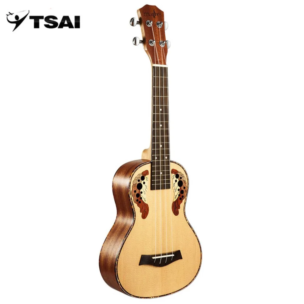 

Ukulele 23 Inch Small Carved Pattern Spruce Tree Peach Flower Core Acoustic Guitar Grape Hole Four Strings Guitar 17 Frets New