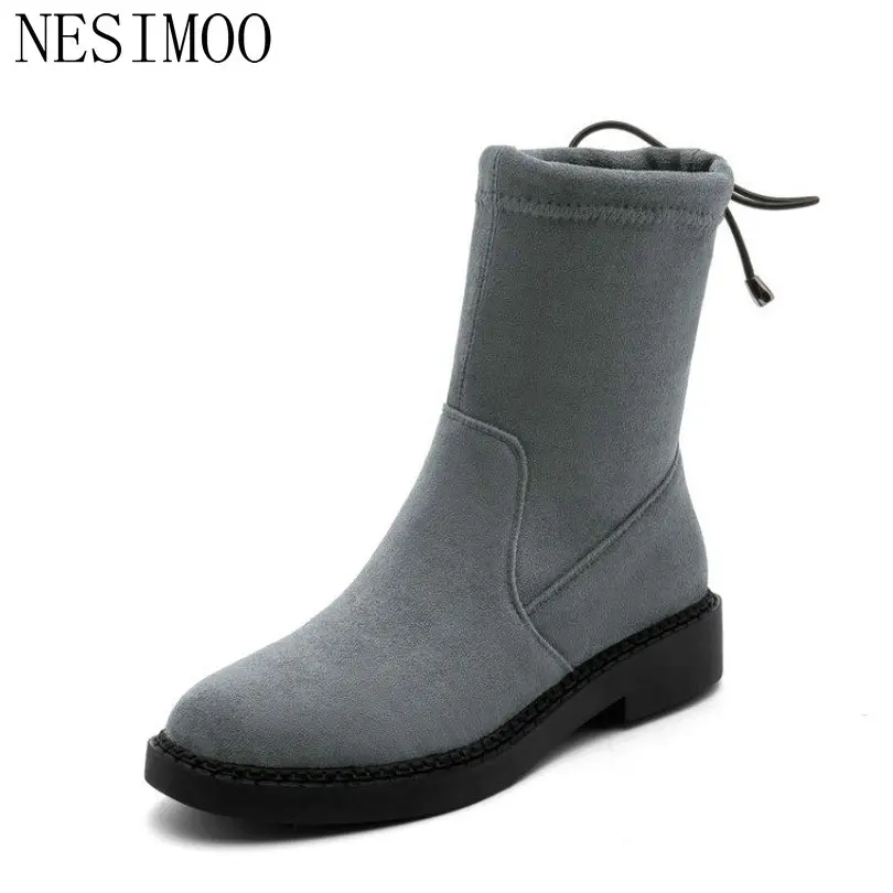 

NESIMOO 2019 Shoes Woman Ankle Boots Lace Up Ladies Motorcycle Square Low Heel Flock Round Toe Ankle Boots Size 34-39