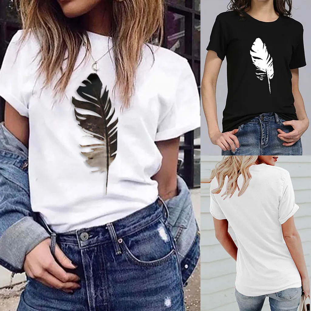 

2019 New Summer Fashion Women Loose Short-Sleeved Leaf Print T-Shirt Casual O-Neck Top Tee Cotton Feminina Casual Punk T-shirt