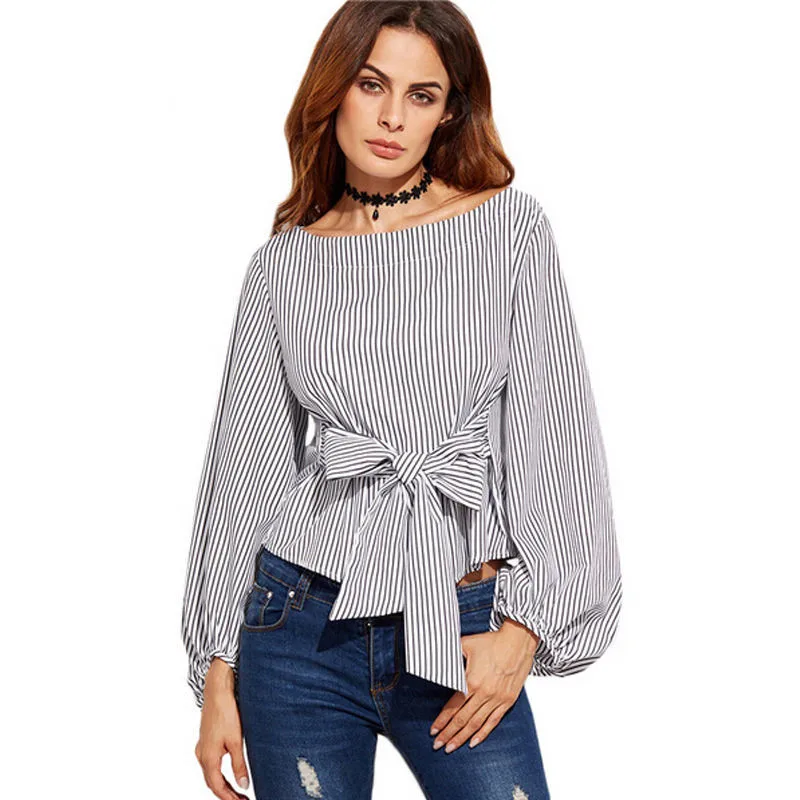 

New Fashion Womens Off Shoulder Blouse Long Sleeve Striped Shirt With Bow Tie Women Fashion Shirt