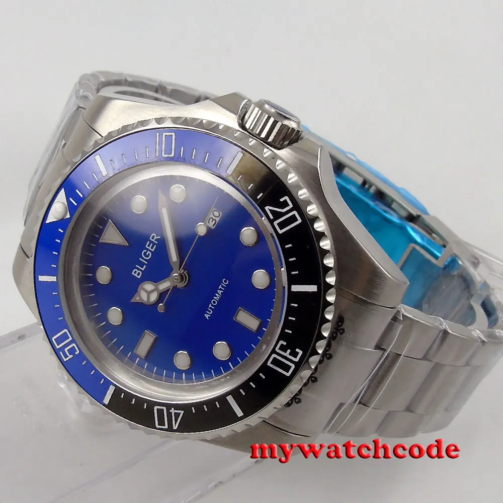 

44mm bliger blue dial luminous marks Ceramic Bezel automatic mens watch 73