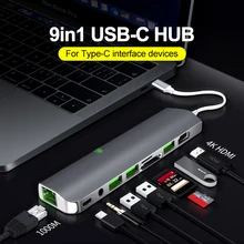 USB C концентратор, 9 в 1 многопортовый концентратор, Тип C концентратор с HDMI RJ45 USB3.0 PD SD TF 3.5AUX для ноутбука, больше устройств с интерфейсом type C