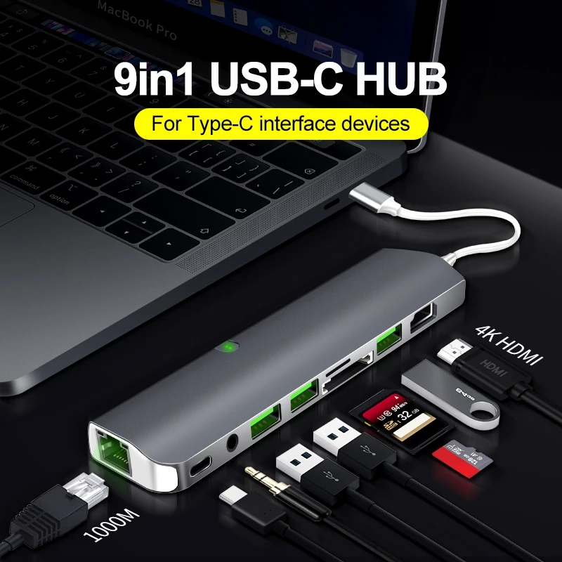 Цена font b USB b font C концентратор, 9 в 1 многопортовый концентратор, Тип C концентратор с HDMI RJ45 USB3.0 PD SD TF 3.5AUX для ноутбука, больше устройств с интерфейсом type C