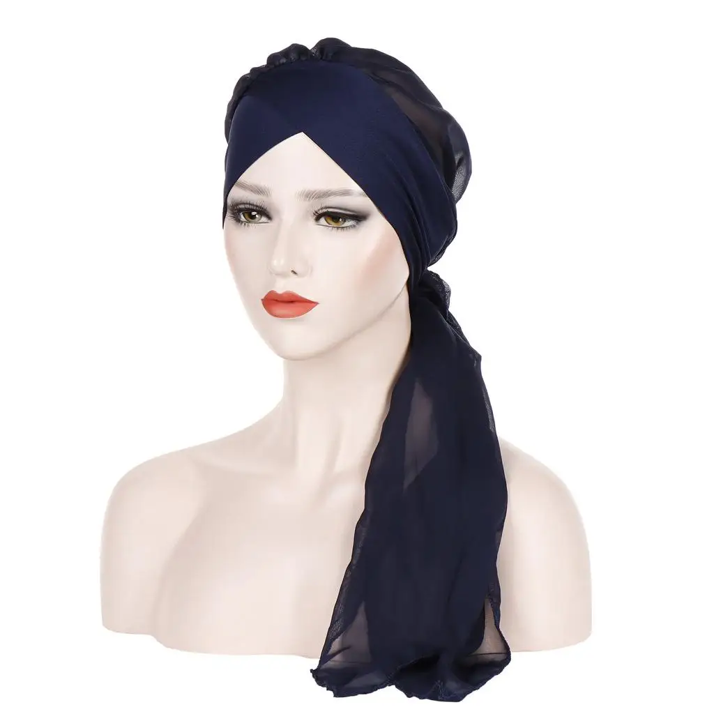 Женский длинный хвост тюрбан шляпа хиджаб Кепка chemo мусульманский головной платок исламский головной убор для больных раком потеря волос шляпа повязка на голову с бантом широкий диапазон обертывания - Цвет: Navy Blue