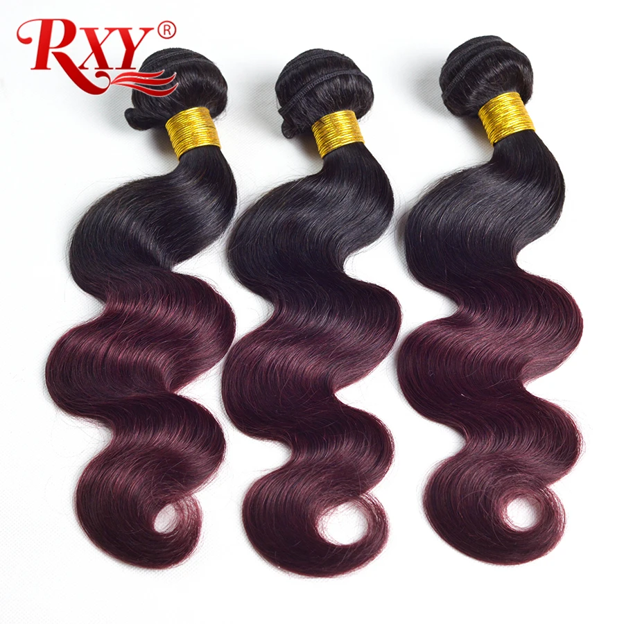 RXY Hair Ombre Brazilian Hair Weave Bundles Body Wave 1/3 Bundle Deals 1b Burgundy/99j Two Tone Ombre Human Hair Bundles NonRemy