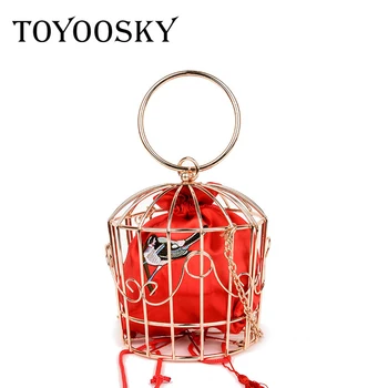 

TOYOOSKY NEW design women's Birdcage Evening Bag Clutch Metal Frame Embroidery Bucket Mini Bag Purse women Gold tassel Handbag