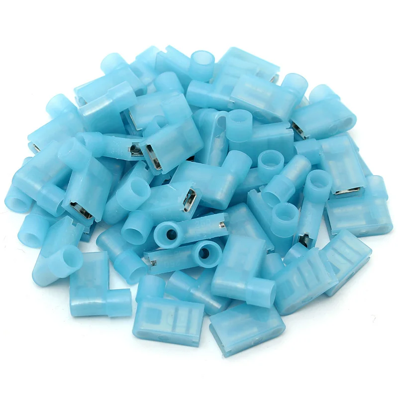 

20/50PCS Blue 1/4'' 6.35mm 90 degree Right Flag Spade Female Terminals Fully Insulated Wire Cable 16-14AWG Terminal