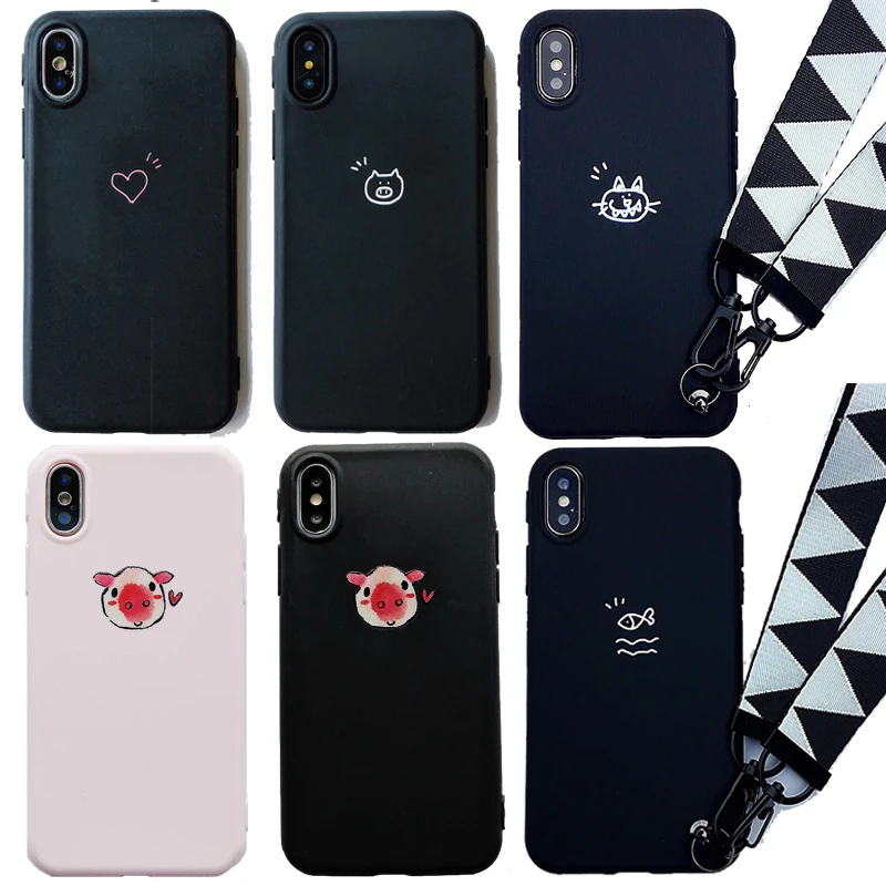 

Cute Pig Simple Couple Case for Apple iPhone XR XS X 6 6S 7 8 Plus Fish Cat Soft Candy TPU Lanyard Rope Cover for iPhone XS Max