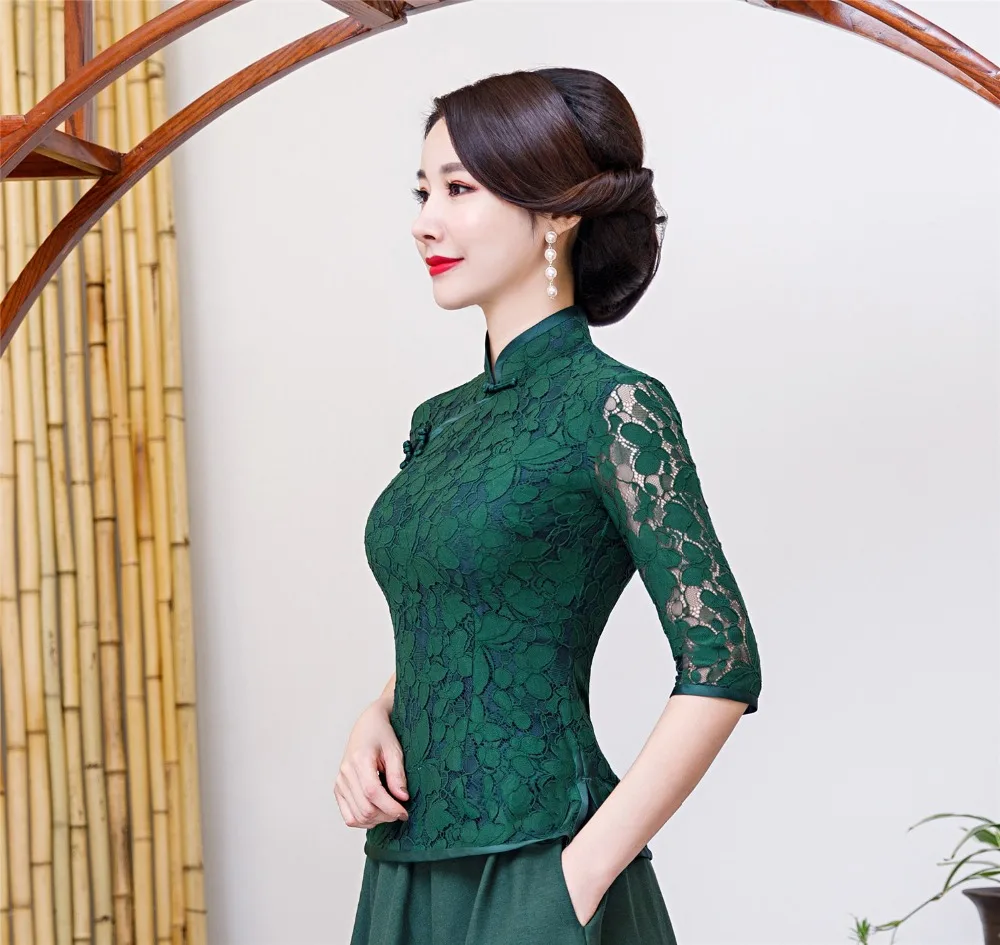 Шанхай история Кружева Cheongsam рубашка Qipao Топ 3/4 рукав китайский традиционный Топ Кружева китайская блузка для женщин