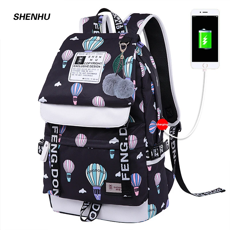 Pаспродажа SHENHU, женский рюкзак с Usb зарядкой, сумка для ноутбука, сумки для путешествий, черный школьный рюкзак для девочек, модный рюкзак с мультиплика...