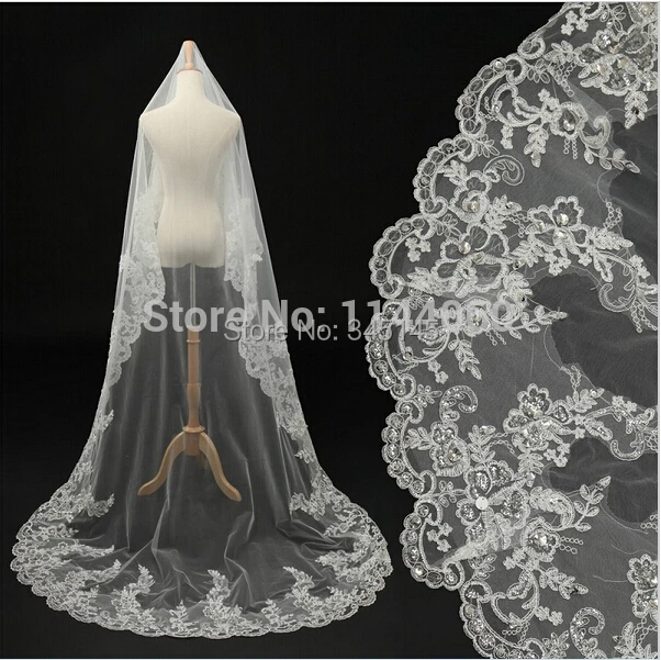 Дешевые Свадебные вуали цвета слоновой кости с бусинами и кристаллами, модные Новые Длинные Свадебные вуали длиной 3 м