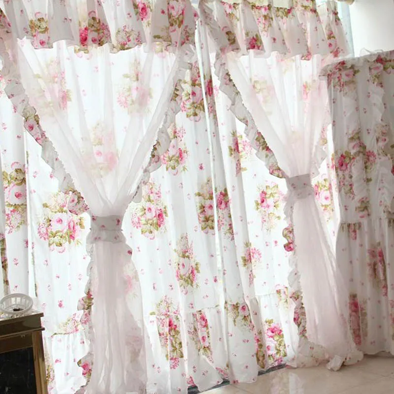 Занавеска в американском стиле с изображением цветов 2 слоя|curtains for|pink kitchen
