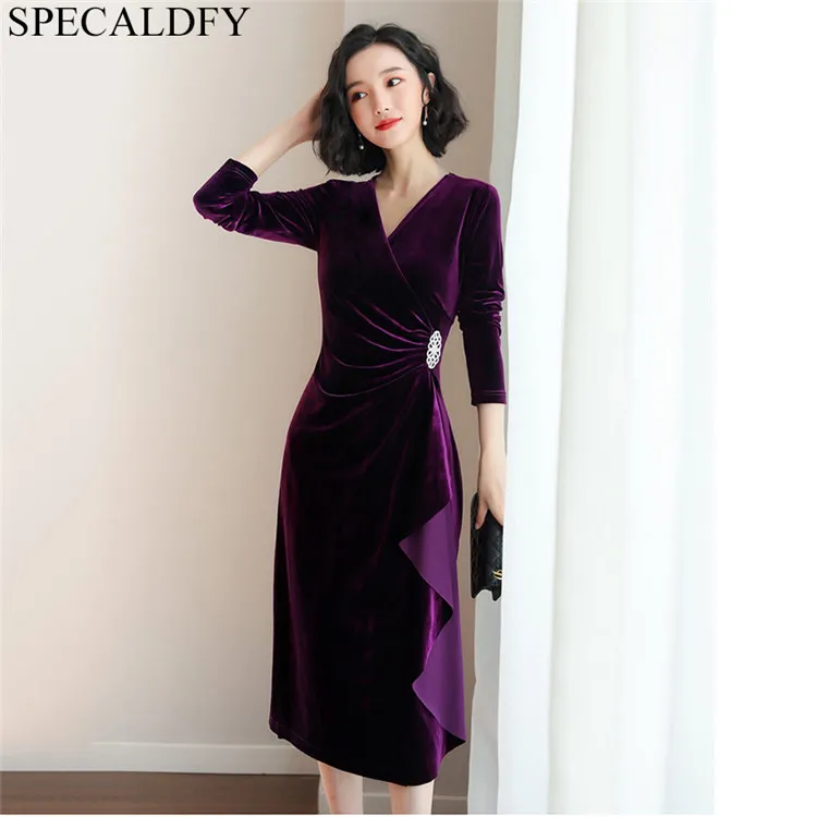 Весеннее зеленое бархатное платье для женщин, вечерние платья, винтажное Элегантное Платье трапециевидного силуэта, Femme Vestidos vestido de festa - Цвет: purple
