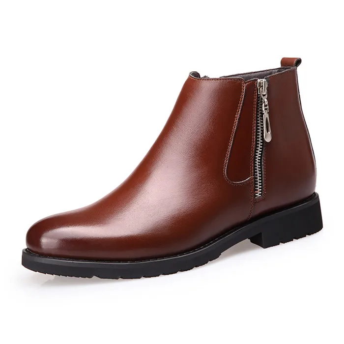 Ботильоны с круглым носком; кожаные зимние ботинки без застежки; мужские зимние повседневные ботинки «Челси»; Черная Мужская зимняя обувь - Цвет: brown