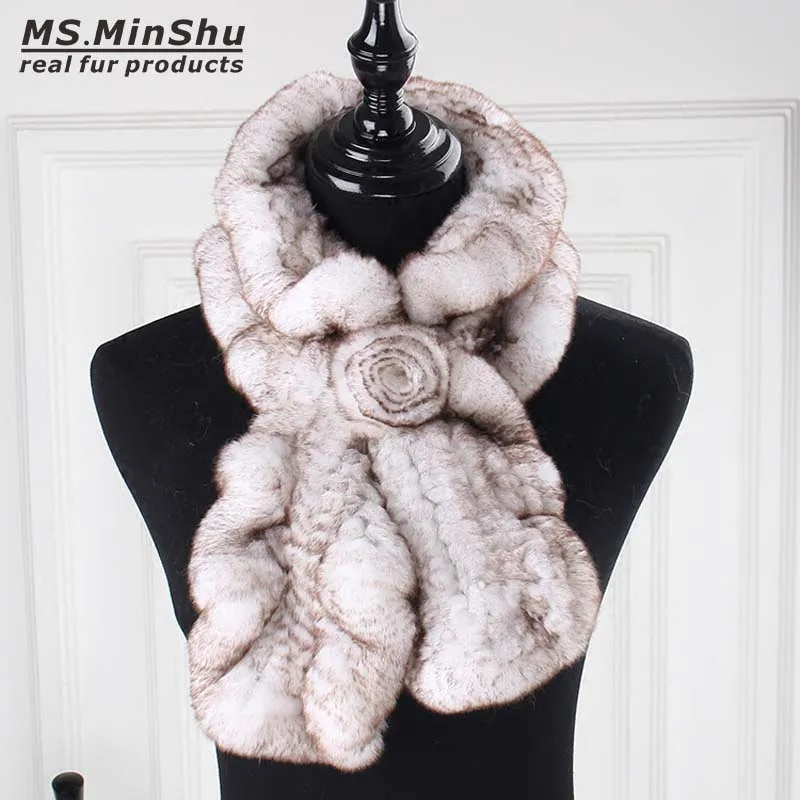 

Ms.MinShu Rex Rabbit Fur Scarf Fashion Neck Warmer Female Real Fur Shawl Russian 100% Nature Fur Scarves Wrap for winter