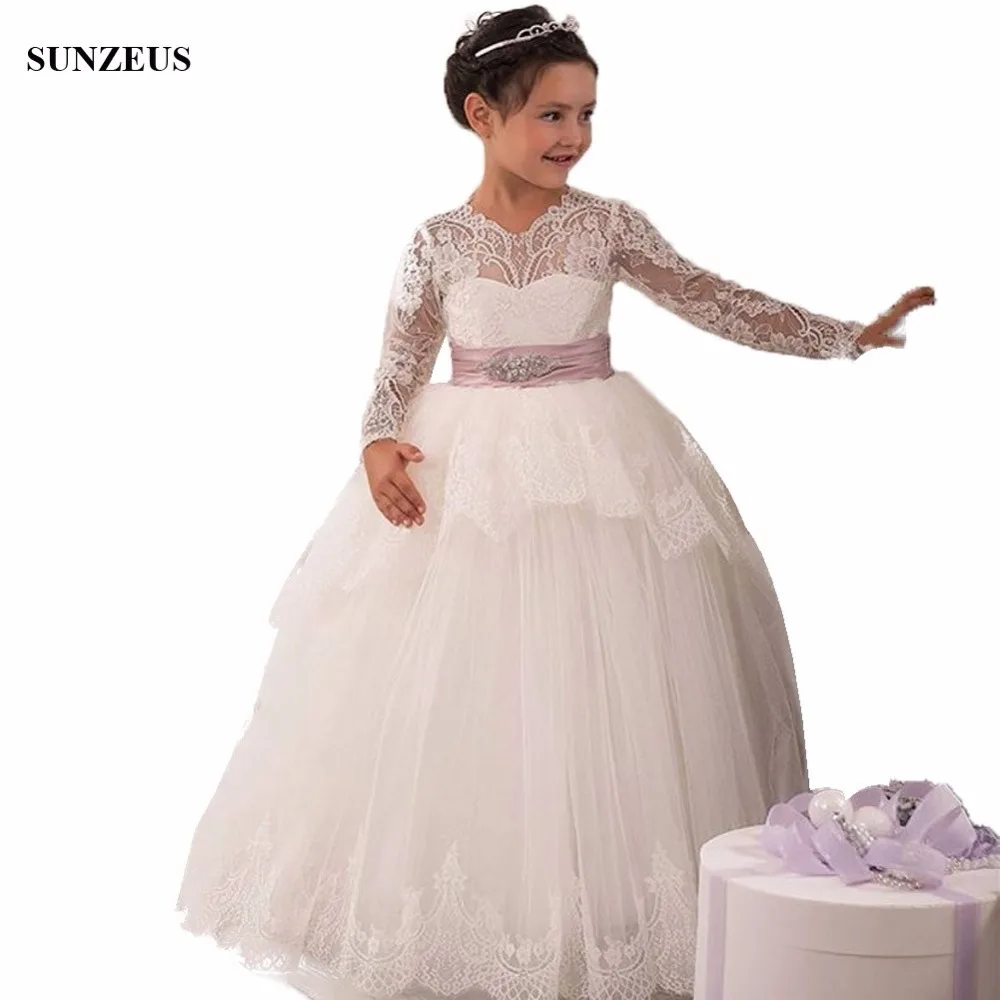 Ball Gown Lace Long Sleeve Flower Girl Dress Floor Length Long Iovry