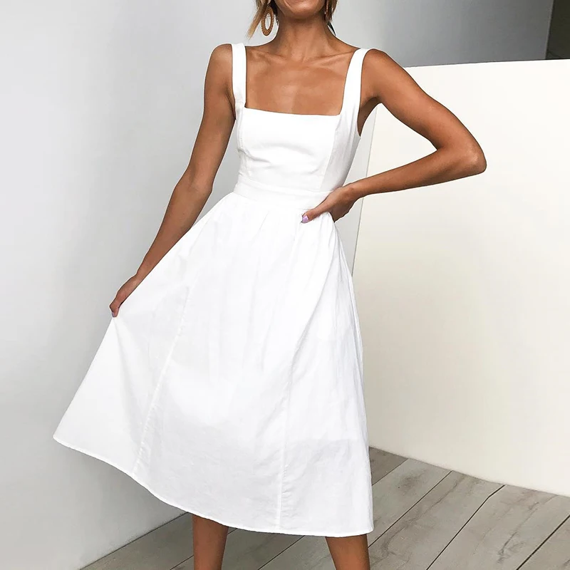 Women Simple Solid Color Dress Women Strapless Spaghetti Strap Fashion Vestidos Dresses Elegant Ladies Party Causal Summer Dress