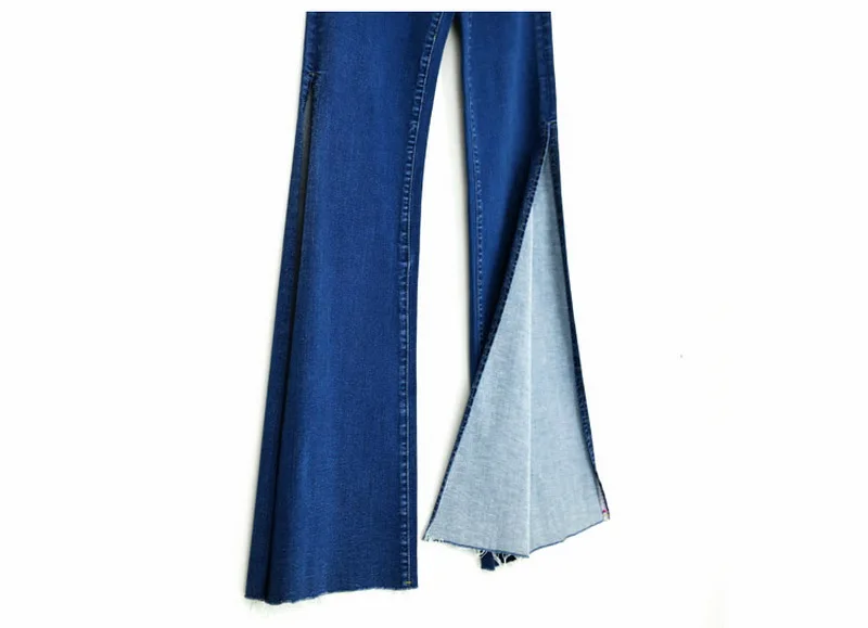 Два боковых Разделение Рваные джинсы Для женщин стрейч джинсовая Flare Брюки Повседневное Slim Fit Синие джинсы летние длинные брюки Высокая талия ковбой