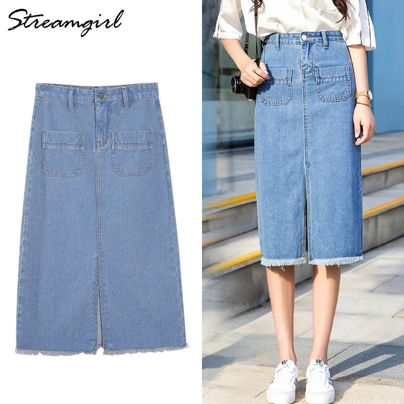 

Long Jeans Skirt Pencil Plus Size Long Skirts For Women Summer High Waist Maxi Skirt Denim Women Ladies Skirts With Pockets 2019