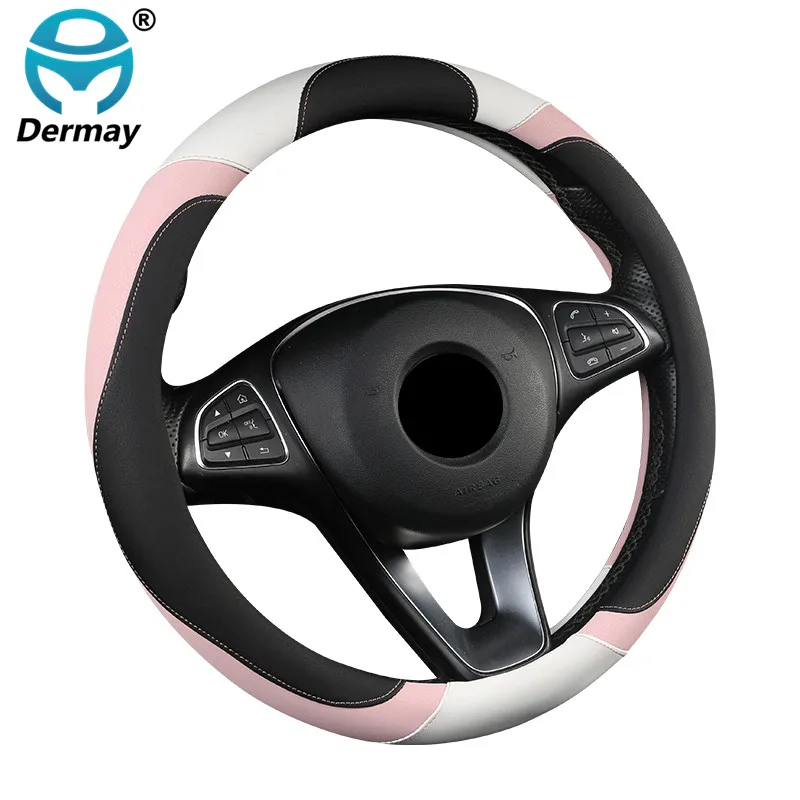 6 Colors Fashion Steering Wheel Cover PU Leather Size M 37-38cm for Lada Skoda Nissan Toyota VW Polo Pink Women Auto Accessories