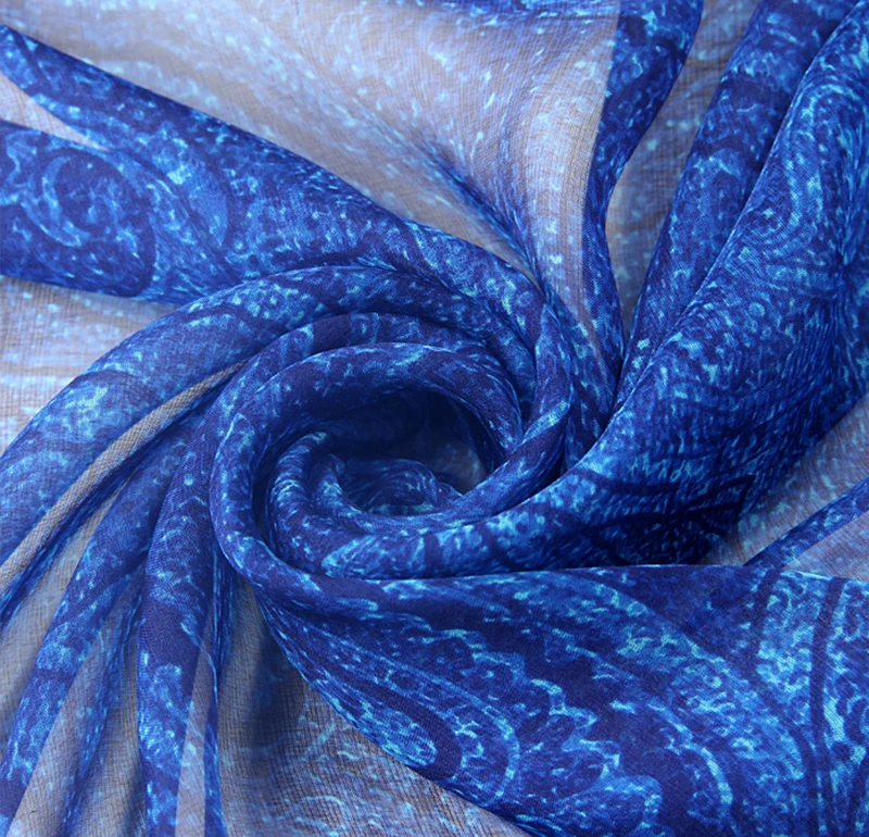 Wholesale 1Meters (Width 135cm) 100% Real Mulberry Silk Chiffon Print Blue Paisley Pattern Fabric For Dress  DIY Sewing
