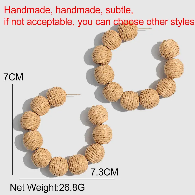Flatfoosie новые серьги-кольца с шариком ручной работы из ротанга и соломы для женщин винтажные большие круглые серьги с подвеской ювелирные изделия